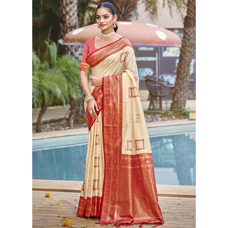 Cream Dupion Silk Saree With Blouse Piece - JD986604384
