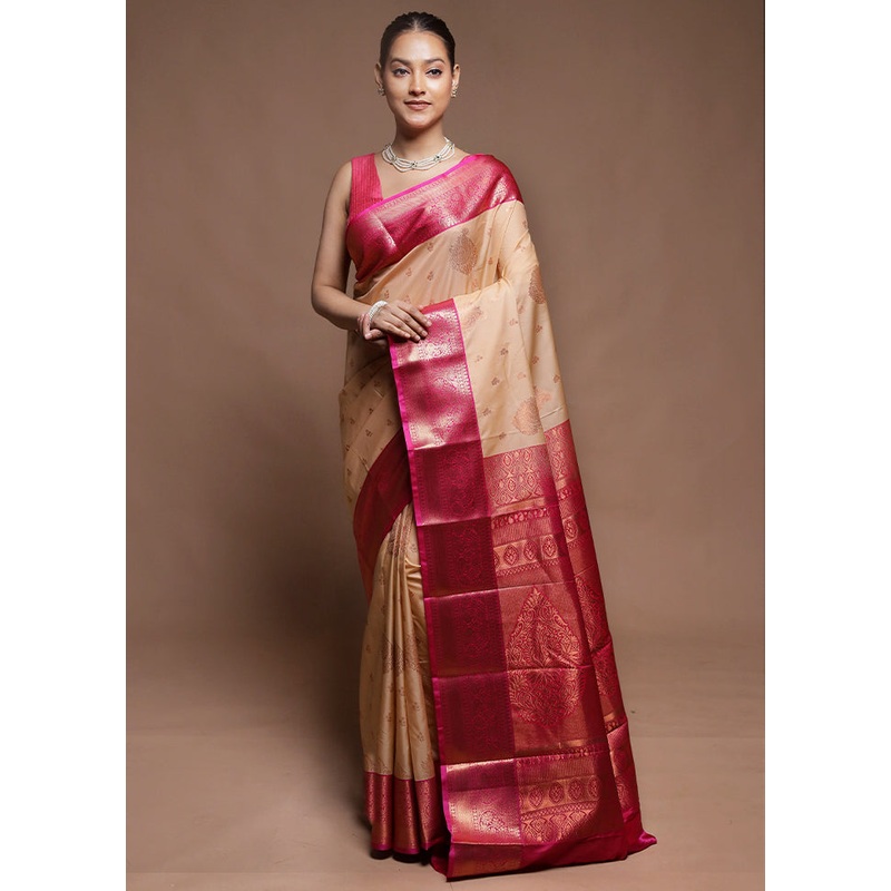 Cream Kanjivaram Silk Saree With Blouse Piece - JD986604314