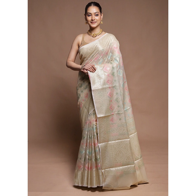 Cream Kora Silk Saree With Blouse Piece - JD986604313