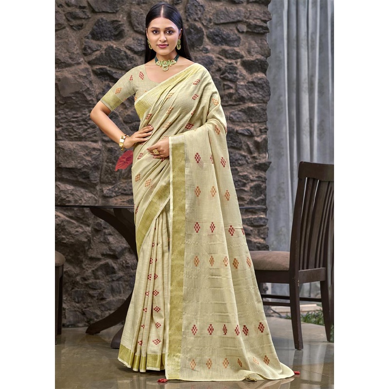 Cream Linen Silk Saree With Blouse Piece - JD986604383