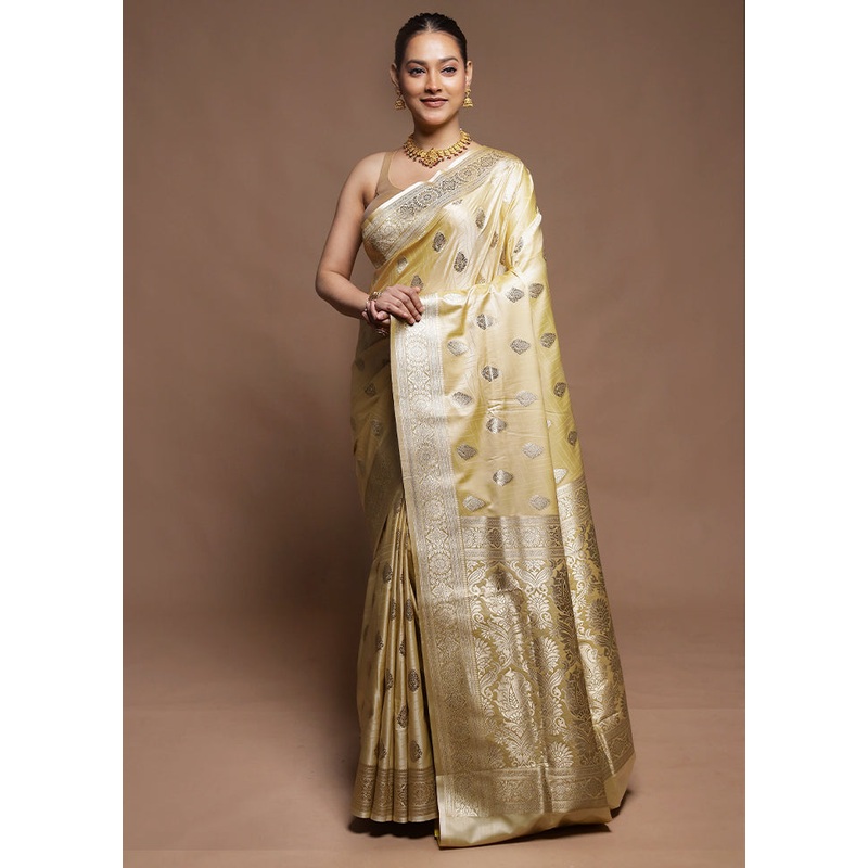 Cream Tanchoi Silk Saree With Blouse Piece - JD986604312