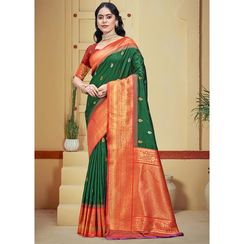 Dark Green Dupion Silk Saree With Blouse Piece - JD986604380