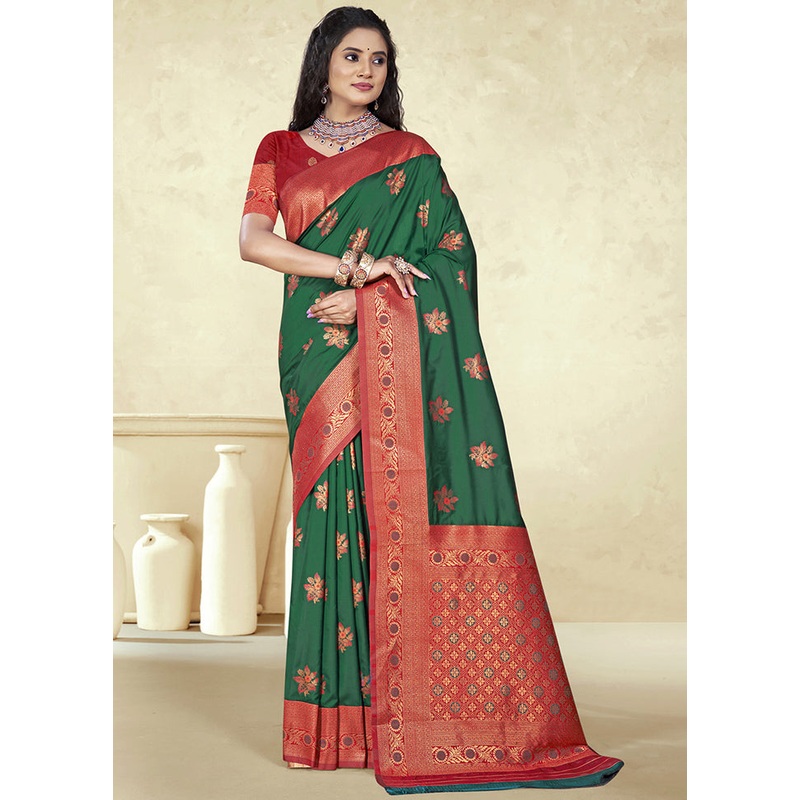 Dark Green Dupion Silk Saree With Blouse Piece - JD986604381