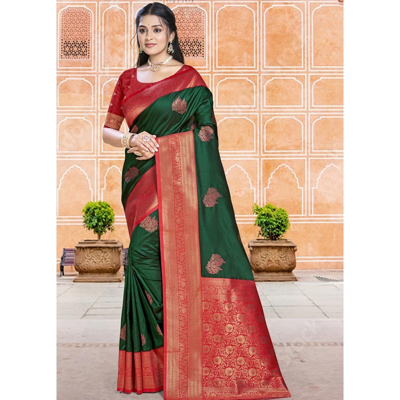 Dark Green Dupion Silk Saree With Blouse Piece - JD986604382