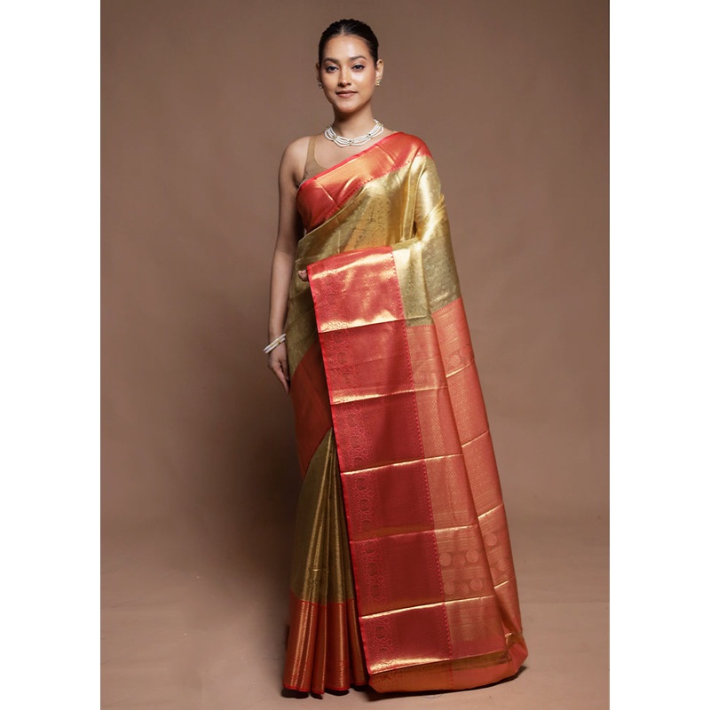 Gold Tissue Silk Saree With Blouse Piece - JD986604307