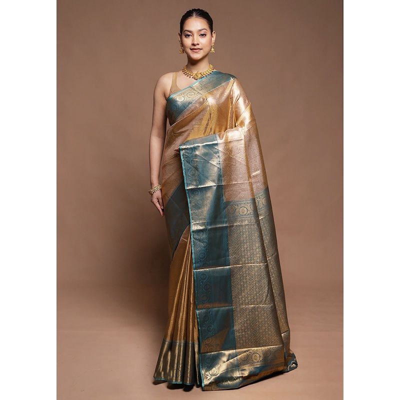 Gold Tissue Silk Saree With Blouse Piece - JD986604308