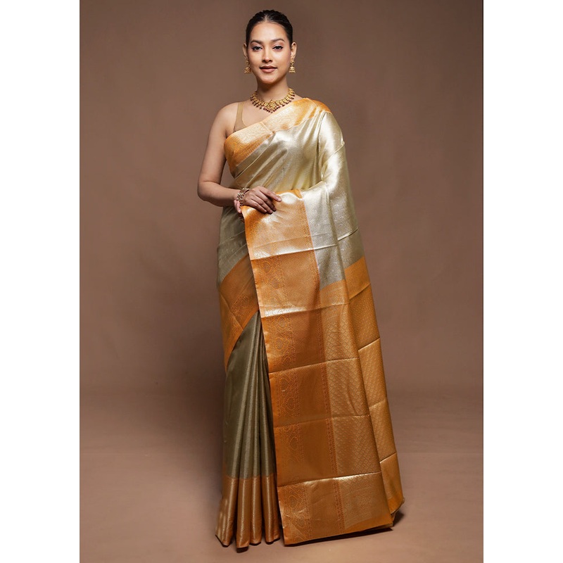 Gold Tissue Silk Saree With Blouse Piece - JD986604309
