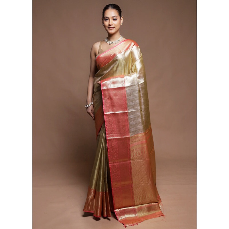 Gold Tissue Silk Saree With Blouse Piece - JD986604310
