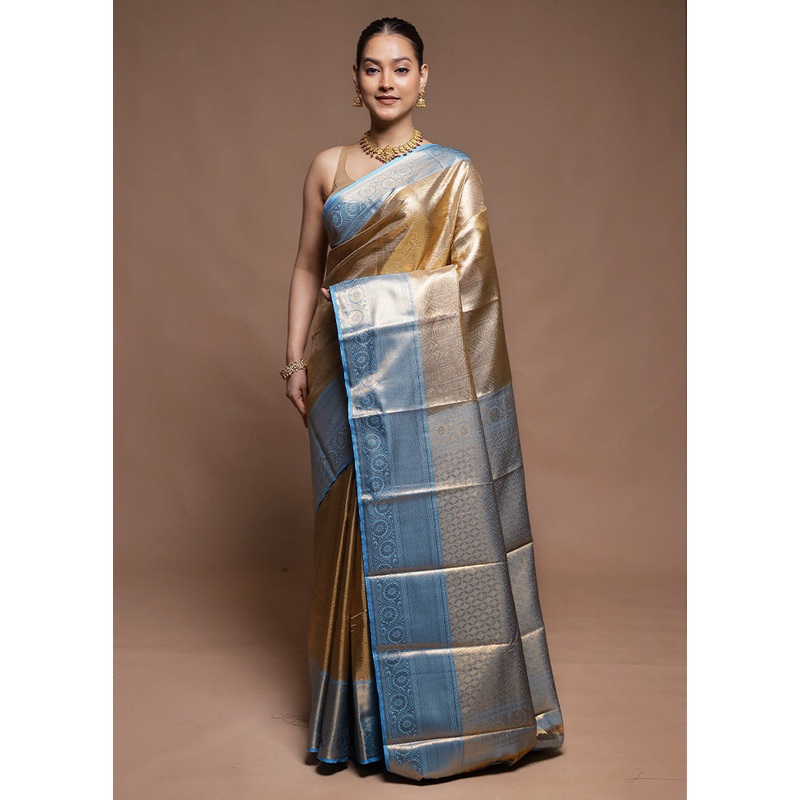 Gold Tissue Silk Saree With Blouse Piece - JD986604311