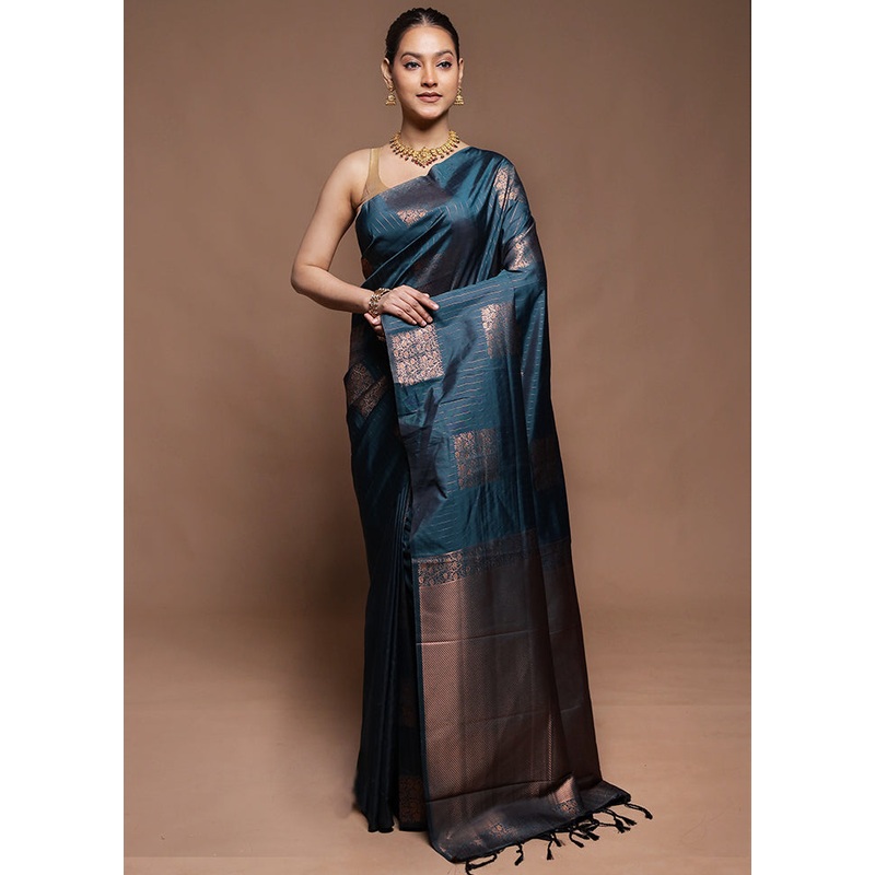 Green Dupion Silk Saree With Blouse Piece - JD986604298