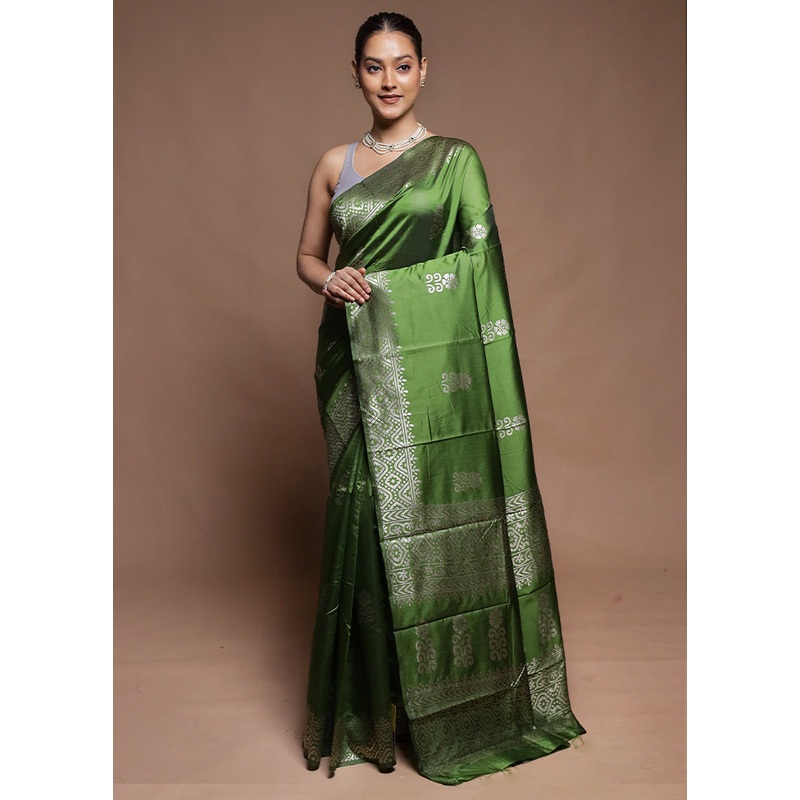 Green Dupion Silk Saree With Blouse Piece - JD986604299