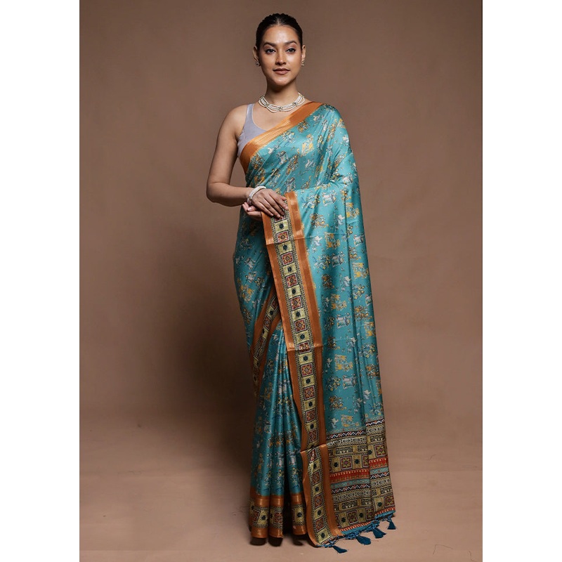 Green Dupion Silk Saree With Blouse Piece - JD986604301
