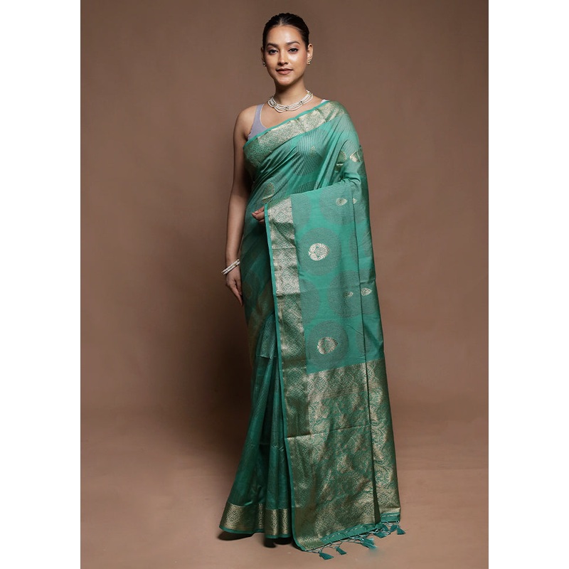 Green Dupion Silk Saree With Blouse Piece - JD986604305