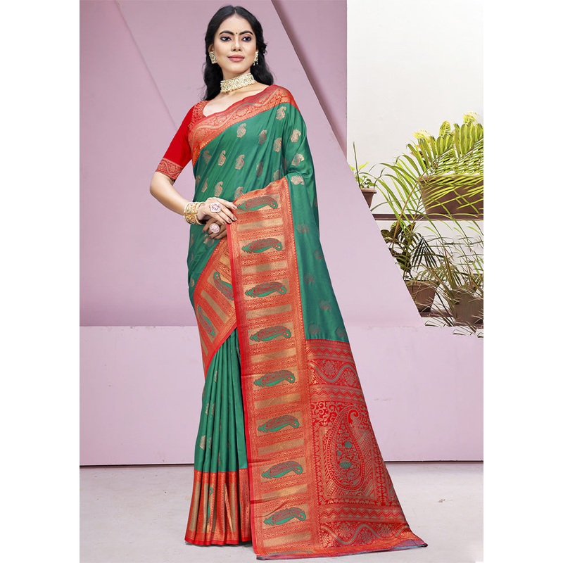 Green Dupion Silk Saree With Blouse Piece - JD986604370