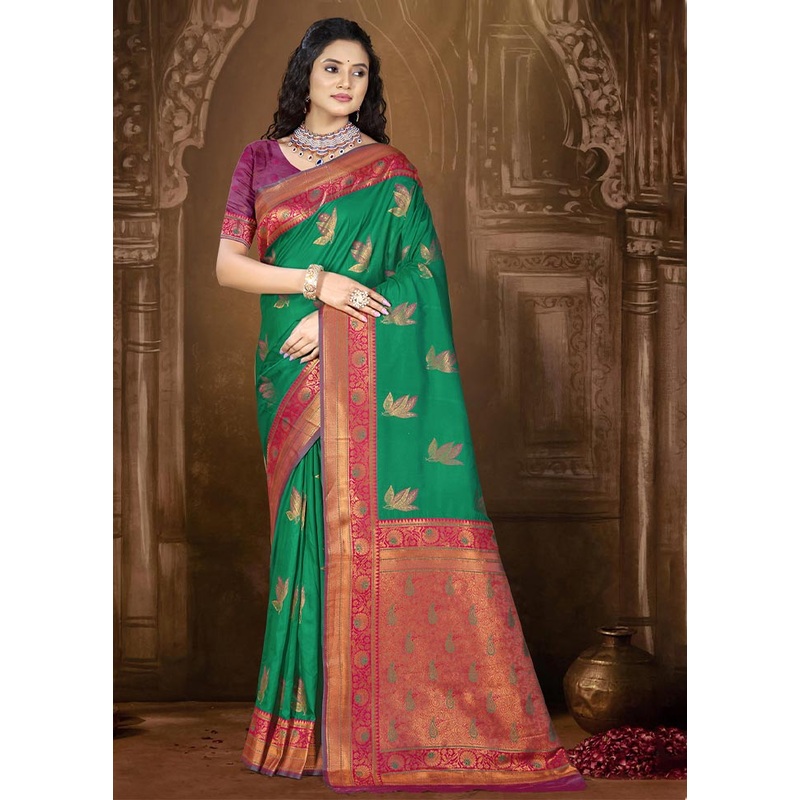 Green Dupion Silk Saree With Blouse Piece - JD986604371