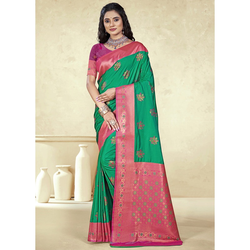 Green Dupion Silk Saree With Blouse Piece - JD986604372