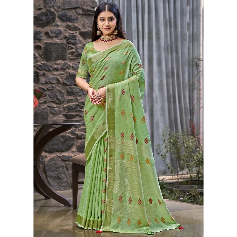 Green Linen Silk Saree With Blouse Piece - JD986604368