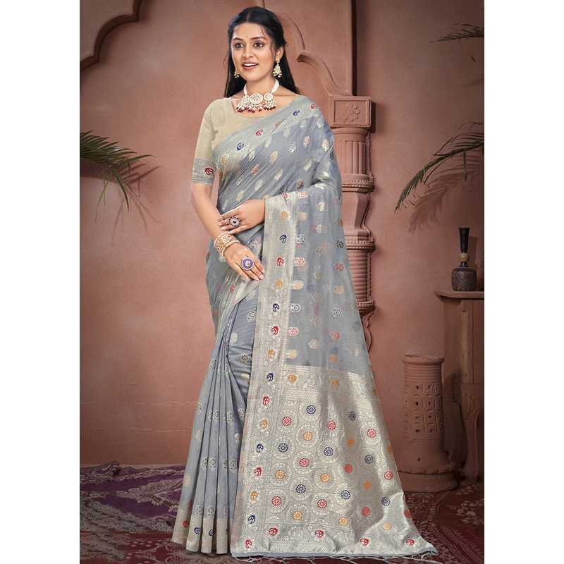 Grey Cotton Saree With Blouse Piece - JD986604366
