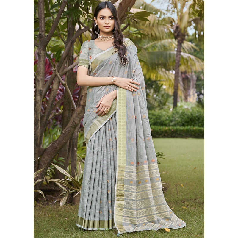 Grey Cotton Saree With Blouse Piece - JD986604367