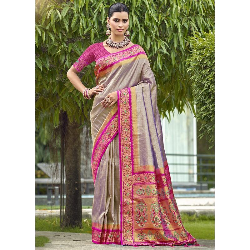 Grey Dupion Silk Saree With Blouse Piece - JD986604363