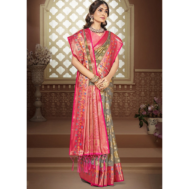 Grey Dupion Silk Saree With Blouse Piece - JD986604364