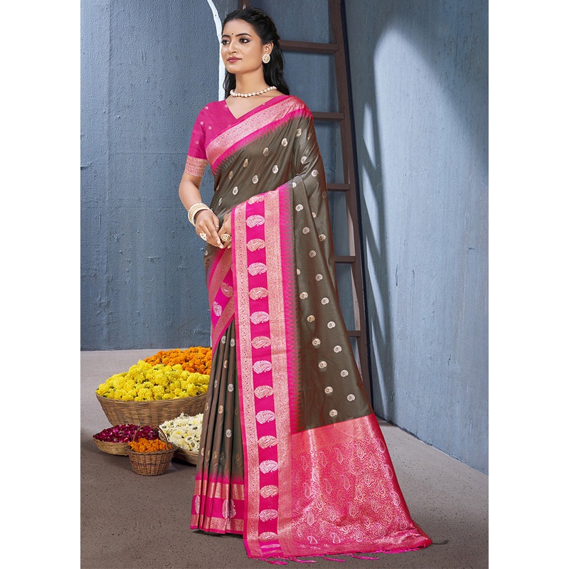 Grey Dupion Silk Saree With Blouse Piece - JD986604365