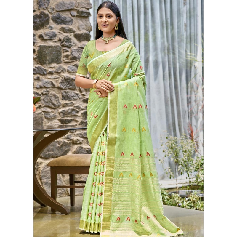 Light Green Cotton Saree With Blouse Piece - JD986604362