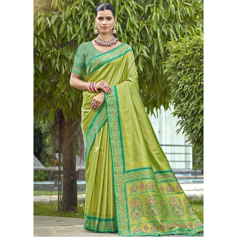 Light Green Dupion Silk Saree With Blouse Piece - JD986604360