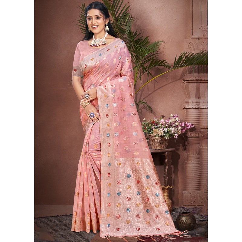 Light Pink Cotton Saree With Blouse Piece - JD986604358