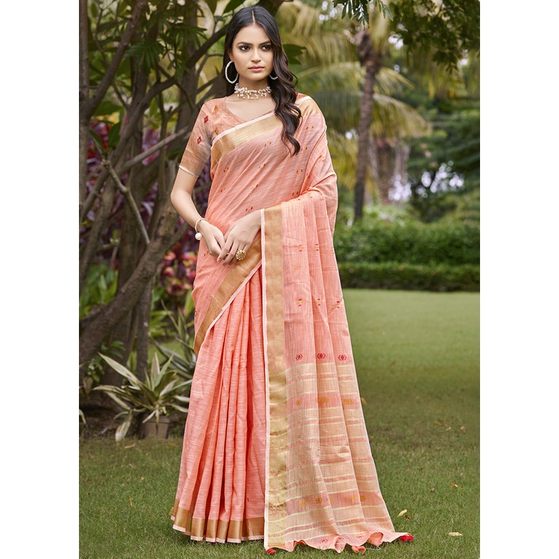 Light Pink Cotton Saree With Blouse Piece - JD986604359