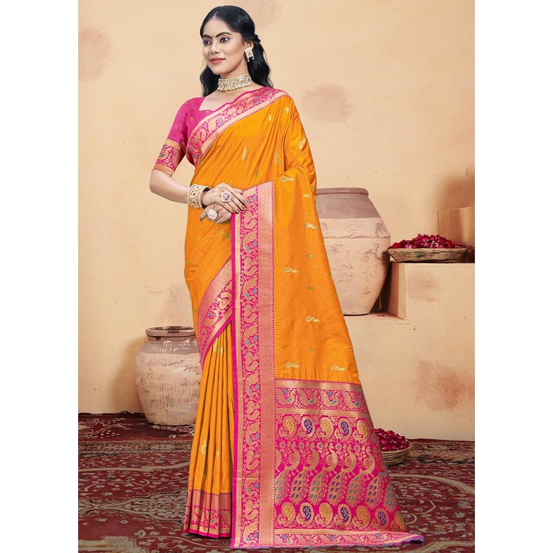 Mustard Dupion Silk Saree With Blouse Piece - JD986604356