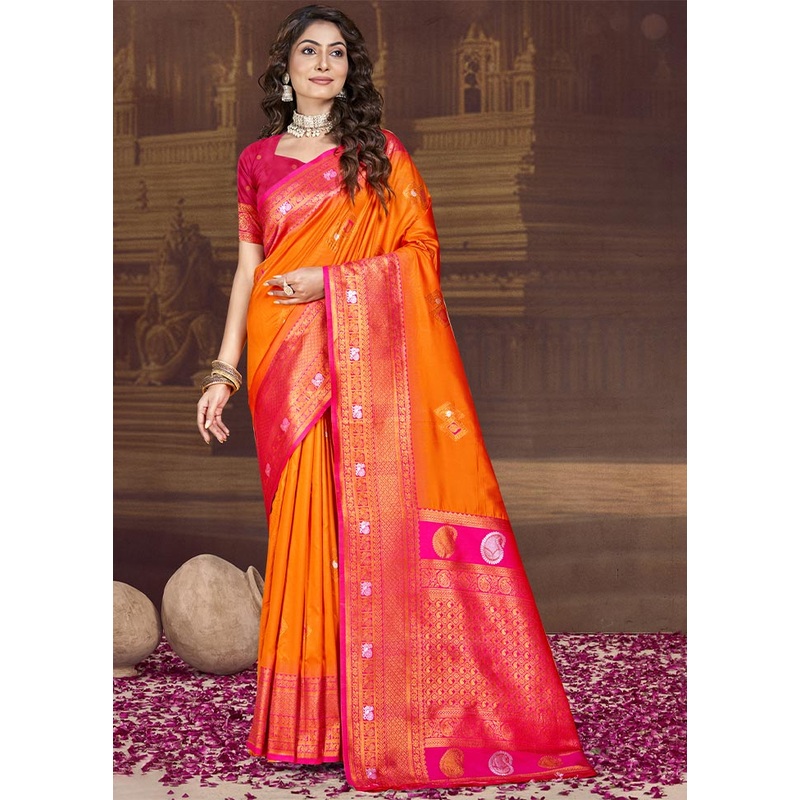 Orange Dupion Silk Saree With Blouse Piece - JD986604342
