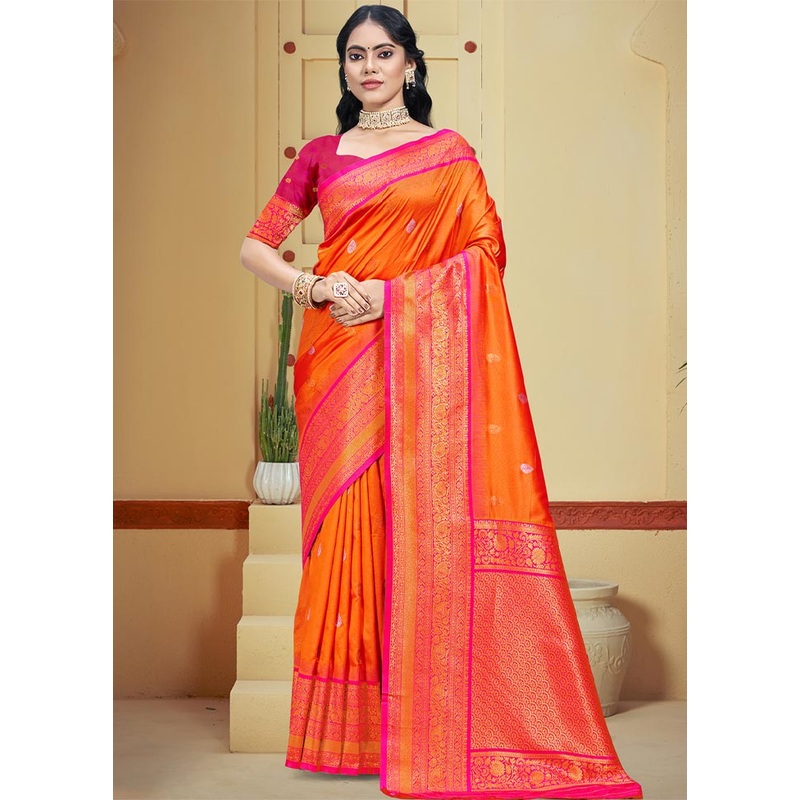 Orange Dupion Silk Saree With Blouse Piece - JD986604344