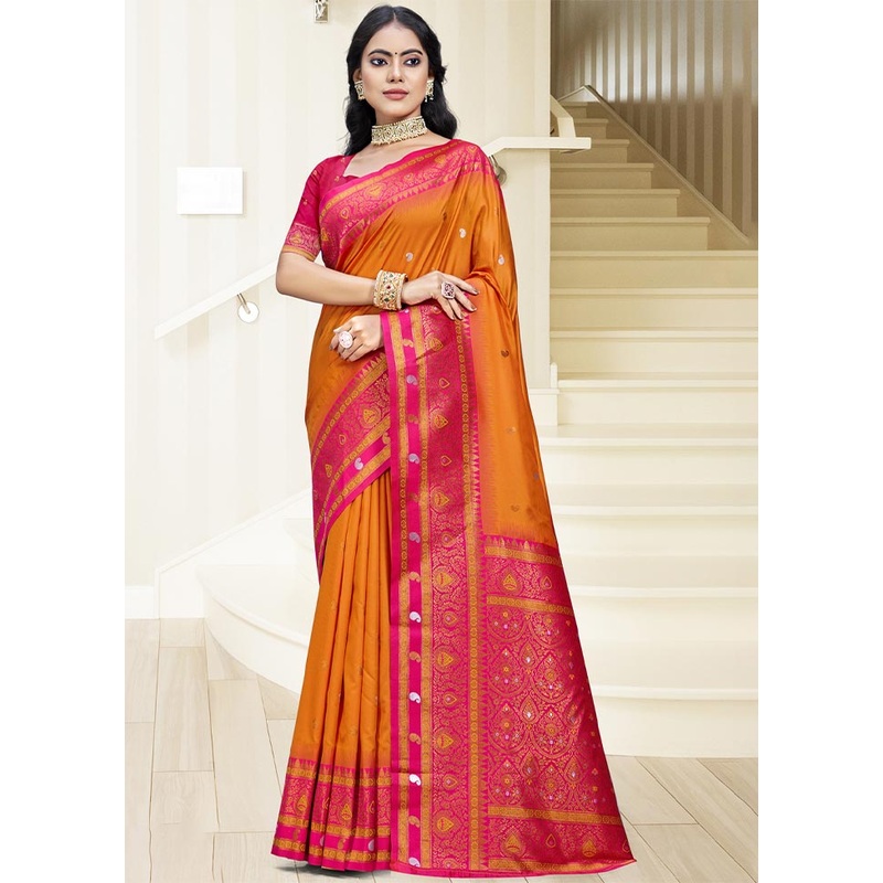 Orange Dupion Silk Saree With Blouse Piece - JD986604345
