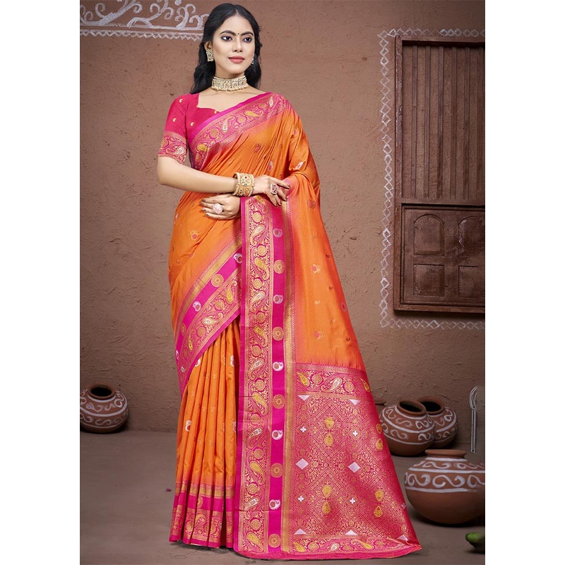 Orange Dupion Silk Saree With Blouse Piece - JD986604347