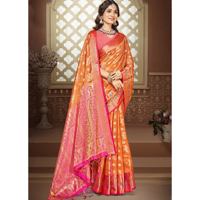 Orange Dupion Silk Saree With Blouse Piece - JD986604349