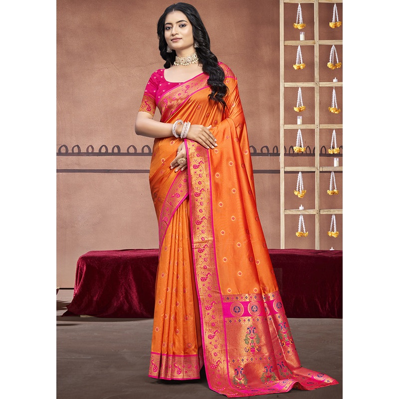 Orange Dupion Silk Saree With Blouse Piece - JD986604350