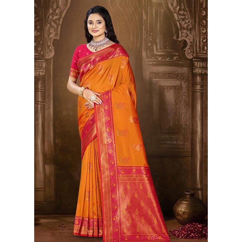 Orange Dupion Silk Saree With Blouse Piece - JD986604351