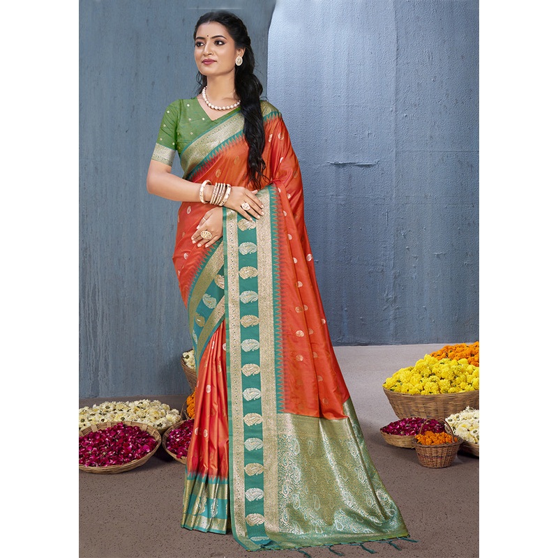 Orange Dupion Silk Saree With Blouse Piece - JD986604352