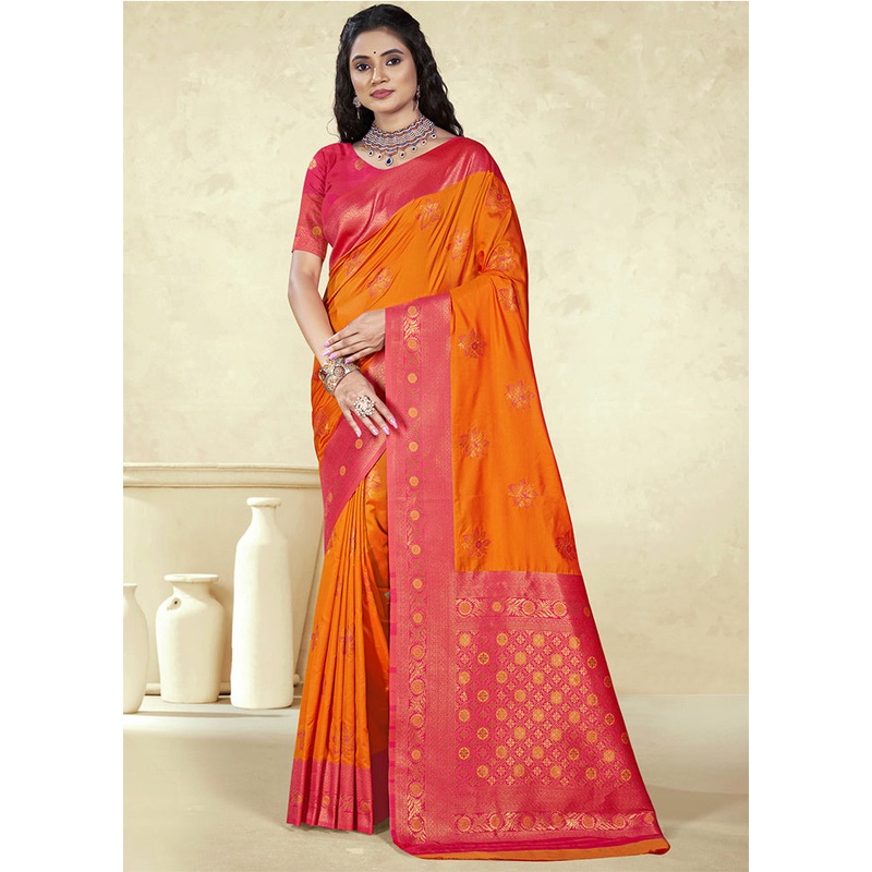 Orange Dupion Silk Saree With Blouse Piece - JD986604353