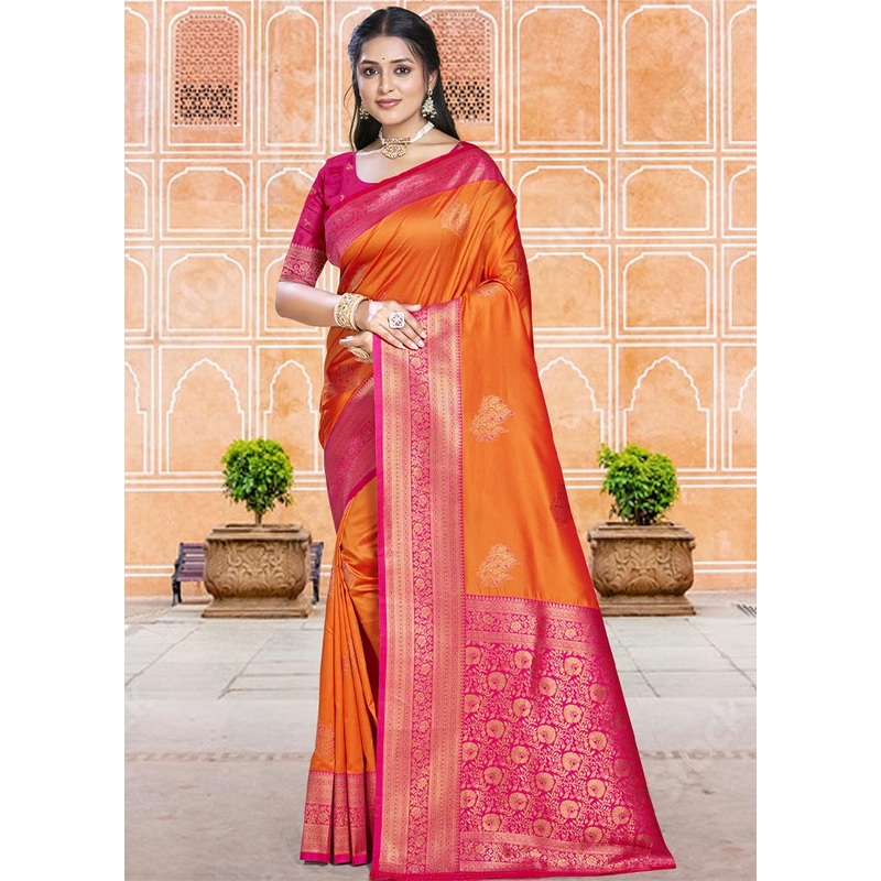 Orange Dupion Silk Saree With Blouse Piece - JD986604354