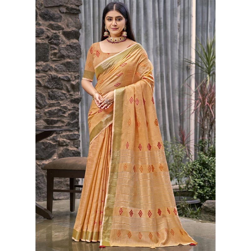 Orange Linen Silk Saree With Blouse Piece - JD986604341