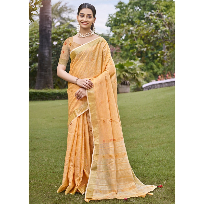 Peach Cotton Saree With Blouse Piece - JD986604332