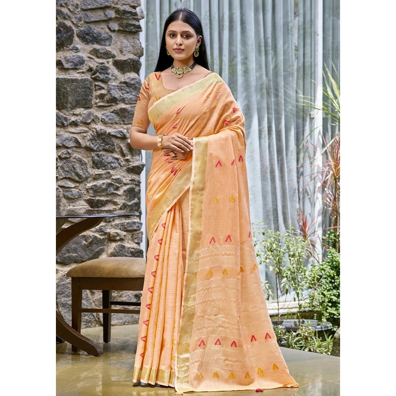 Peach Cotton Saree With Blouse Piece - JD986604333