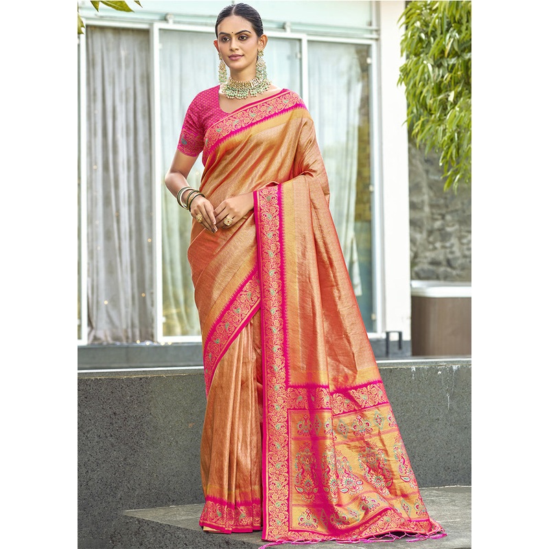 Peach Dupion Silk Saree With Blouse Piece - JD986604330