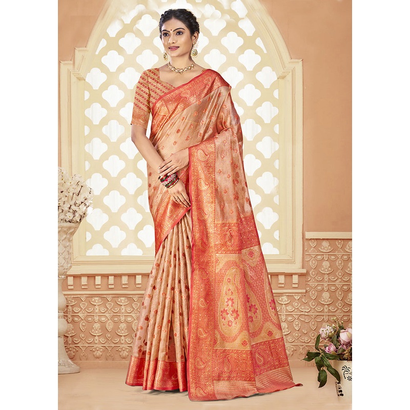 Peach Dupion Silk Saree With Blouse Piece - JD986604331