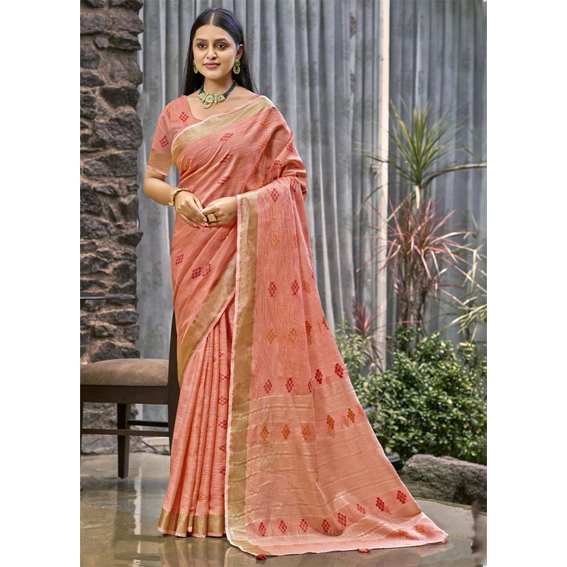 Peach Linen Silk Saree With Blouse Piece - JD986604329