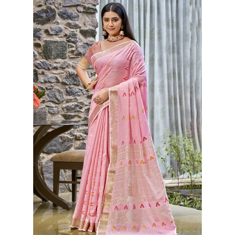 Pink Cotton Saree With Blouse Piece - JD986604328
