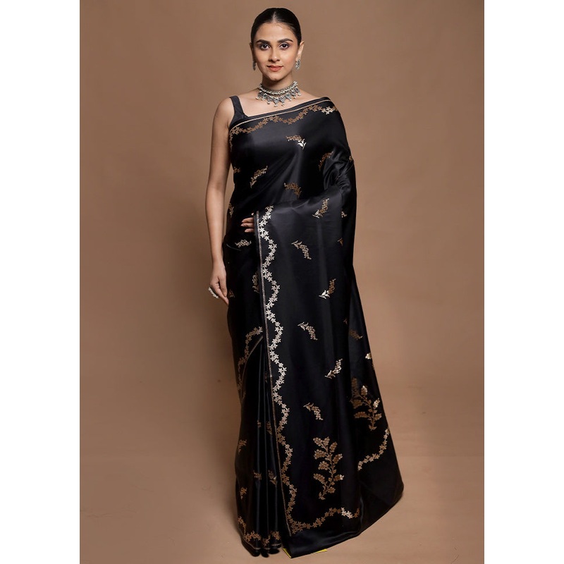 Black Banarasi Silk Saree With Blouse Piece - JD986604166