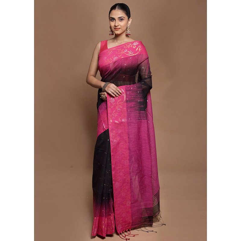 Black Cotton Saree With Blouse Piece - JD986604165